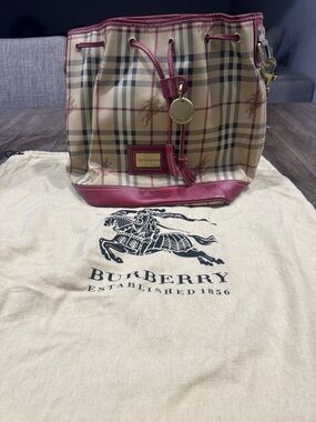 Burberry Beige Check Bucket Bag with Burgundy Trim